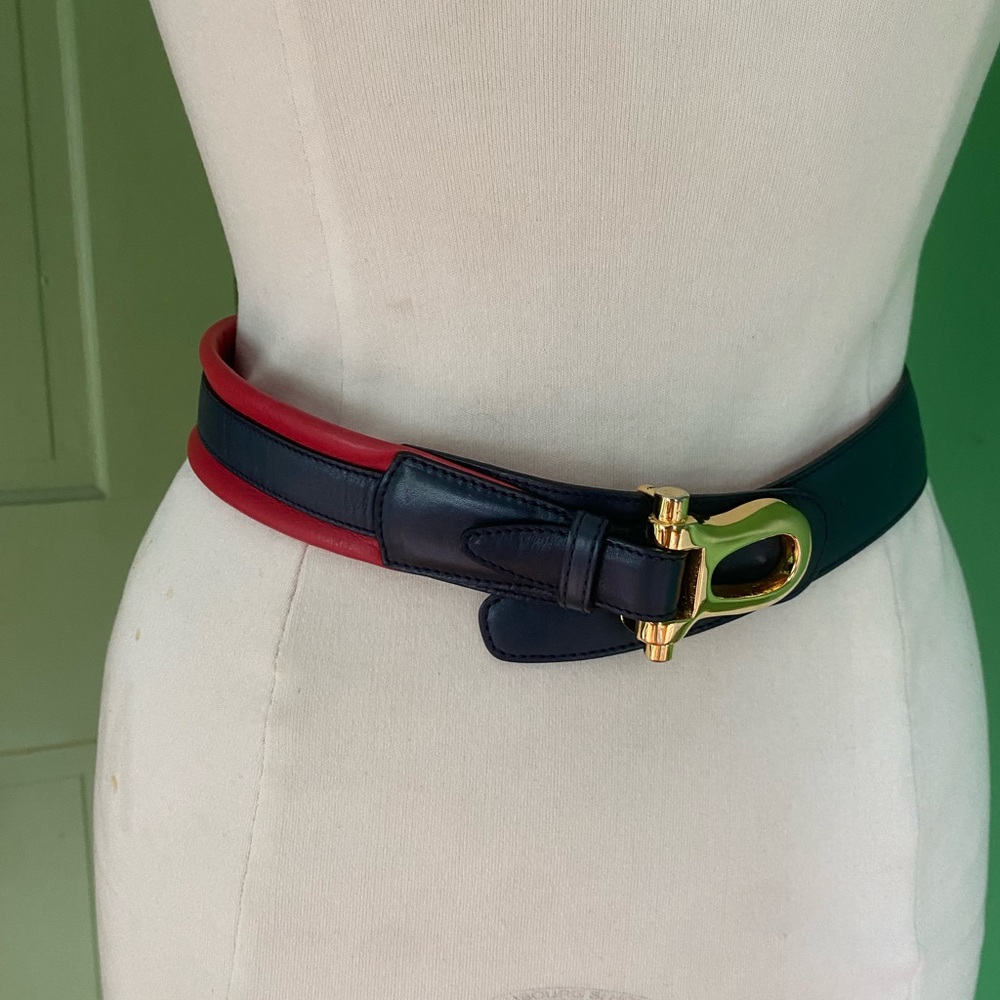 Vintage Jaeger navy red Leather Waist Belt with Gold Buckle